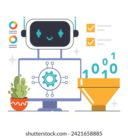 Chat Bot User Integration concept. Digital assistant set on computer, processing user data with machine algorithms. Streamlined customer experience, instant troubleshooting. Flat vector illustration