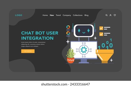 Chat Bot User Integration dark or night mode web, landing. Digital assistant, processing user data with machine algorithms. Customer experience, instant troubleshooting. Flat vector illustration