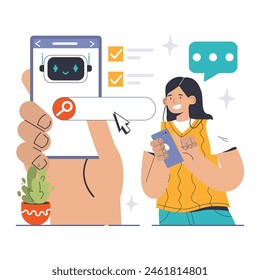 Chat Bot User Interface concept. Woman interacts with digital assistant on mobile, navigating through the chatbot's streamlined features. Seamless communication, on-the-go solutions. Flat vector