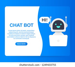 Chat Bot Using Laptop Computer, Robot Virtual Assistance Of Website Or Mobile Applications. Voice support service bot. Online support bot. Vector stock illustration.