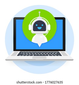 Chat Bot Using Laptop Computer, Robot Virtual Assistance Of Website Or Mobile Applications. Voice support service bot. Online support bot. Vector illustration.