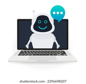 Chat Bot Using Laptop Computer, Robot Virtual Assistance Of Website Or Mobile Applications. Voice support service bot. Online support bot. Vector illustration