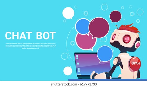 Chat Bot Using Laptop Computer, Robot Virtual Assistance Of Website Or Mobile Applications, Artificial Intelligence Concept Flat Vector Illustration