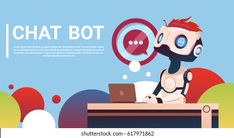 Chat Bot Using Laptop Computer, Robot Virtual Assistance Of Website Or Mobile Applications, Artificial Intelligence Concept Flat Vector Illustration