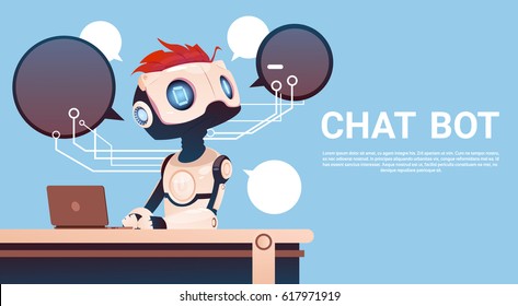 Chat Bot Using Laptop Computer, Robot Virtual Assistance Of Website Or Mobile Applications, Artificial Intelligence Concept Flat Vector Illustration