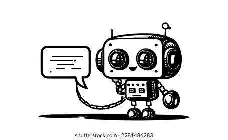 Chat bot vector black line illustration isolated white. Sketch art