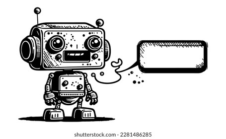 Chat bot vector black line illustration isolated white. Sketch art