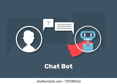 chat bot vector flat illustration, red raincoat, users dialogue with robot, question answer, male user