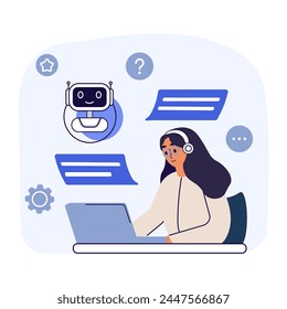 Chat bot virtual AI assistant. Online customer support. Woman talking with robot. Girl asking questions and receiving answers. Artificial intelligence technology. Vector illustration.