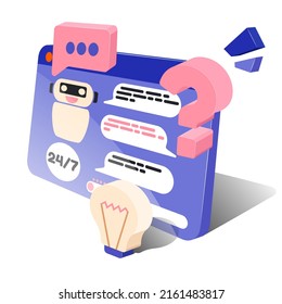Chat bot, virtual assistant. 3d model of a computer screen with correspondence with a chat bot depicted on it. Vector graphics on a white background