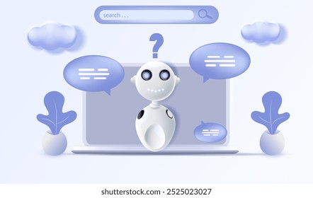 Chat bot virtual assistant on laptop vector illustration. Digital chat bot, friendly robot application, conversation and communication concept. Chatting artificial intelligence developed.