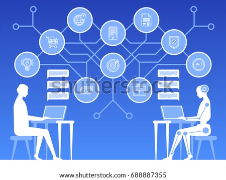 Chat bot. Virtual robot assistance of website or mobile applications. Artificial intelligence. Concept flat vector illustration