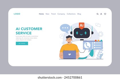 Chat bot web or landing. AI-powered customer service. Online consultation with artificial neural network. Artificial intelligence virtual assistant. Flat vector illustration