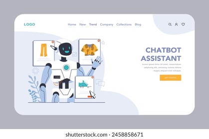Chat de Web o aterrizaje. SERVICIO AL CLIENTE alimentado por IA. Consulta en línea con red neuronal artificial. Asistente virtual de inteligencia artificial. Ilustración vectorial plana