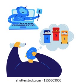 Chat bot which helps in sorting the garbage flat illustration.Assistance online.Chat bot helps man to understand which tank to throw plastic in.Tanks for separate garbage collection.Chat bot in laptop