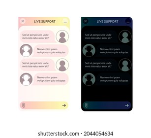 Chat bot window. Dark and Light mode. User interface of application with online dialogue. Conversation with a robot assistant