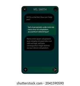 Chat bot window. Dark Night mode. User interface of application with online dialogue. Conversation with a robot assistant