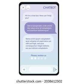 Chat bot window on smartphone screen. User interface of application with online dialogue. Conversation with a robot assistant
