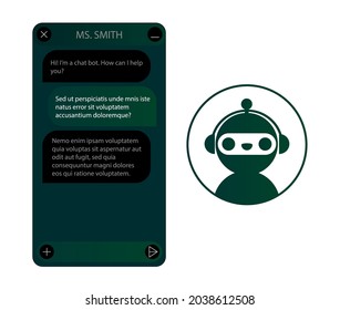 Chat bot window with robot icon set. User interface of application with online dialogue. Conversation with a robot assistant