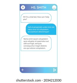 Chat bot window. User interface of application with online dialogue. Conversation with a robot assistant