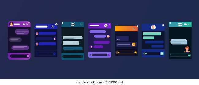 Chat bot window. User interface of application with online dialogue. Flat design for website or mobile app. Dark night mode. Chatbot or robot assistant for online customer service support.