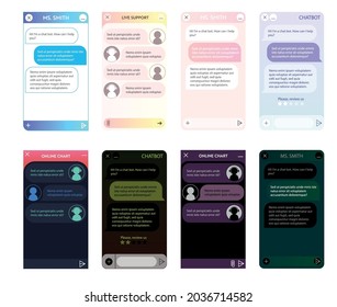 Chat bot windows set. Dark Night and Light mode. User interface of application with online dialogue. Conversation with a robot assistant