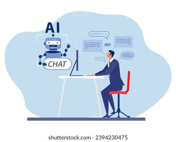 Bot de chat, Businessman usa computadora para consultar con. Tecnología de inteligencia artificial. Robot de chat digital, aplicación robot, concepto de asistente de conversación. ilustrador vectorial