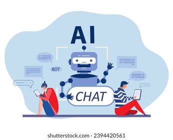 Chat-Bot, -Frau und -Mann verwendet Computer für die Beratung mit. Technologie für künstliche Intelligenz. Digitaler Chat-Bot, Roboter-Anwendung, Konversationsassistent-Konzept. Vektorgrafik