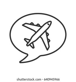 Chat box with airplane takeoff inside linear icon. Flight departure. Thin line illustration. Contour symbol. Vector isolated outline drawing