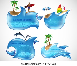 Chat box, bubble for your text. summer of waves with surfer palm tree and fish