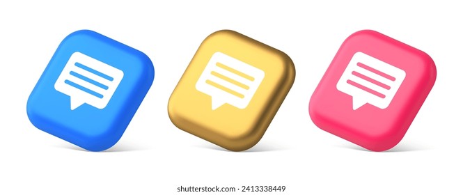 Chat box button social networks texting internet communication 3d realistic blue gold and pink icons. Incoming new message notification alert newsletter emblem interface