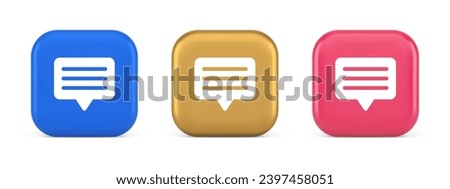 Chat box button social networks texting internet communication 3d realistic blue gold and pink icons. Incoming new message notification alert newsletter emblem interface