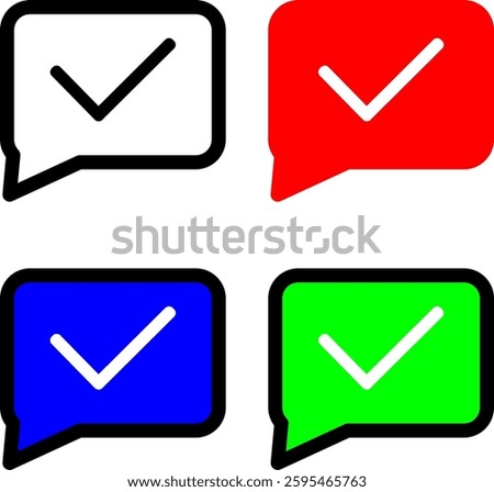 Chat box check icon in black, red, green, and blue, showing sent messages. Perfect for messaging apps and UI design. Available in multiple formats