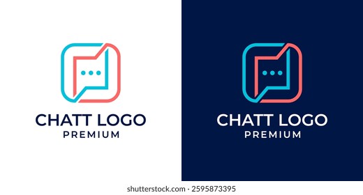 Chat box logo design template vector. Simple modern minimalist chat logo. Logo design template of conversation, chat, talk, discussion, balloon, square, bubble, dots.