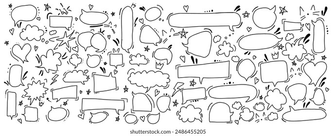 Chat box messages doodle line vector icons bundle on white background. Cartoon dialog balloons hand drawn monochrome illustration set