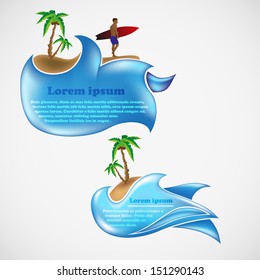 Chat box for text. Blue wave with palms and surfer