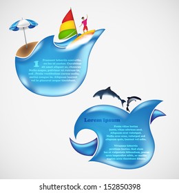 Chat box for text. Blue wave with an umbrella and fish