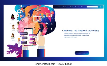 
chat boxes  social network technology, messenger app for mobile,image of the planet, Internet connection with friends around the world flat vector.
