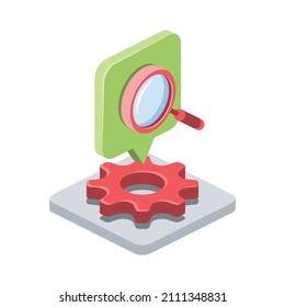 Chat bubble cog gear magnifying glass. Vector 3d line isometric, color web icons, new flat style. Creative design idea for infographics.