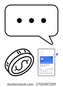 Chat bubble with ellipsis, coin with dollar sign, and smartphone displaying banking app screen with financial data. Ideal for fintech, mobile banking, finance education, online transactions, saving