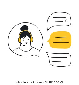 Chat bubble with a head of the customer service representative or a call service specialist. Online support or call center at work. Flat line vector illustration on white