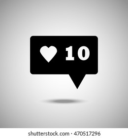 Chat bubble with heart icon. Flat style. Grey background. Vector illustration.