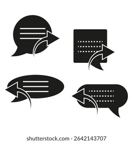 Chat bubble icon. Outgoing message symbol. Arrow direction vector. Black dialog shape.