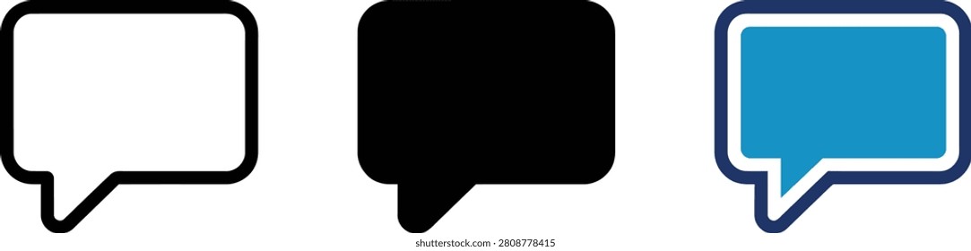 chat bubble icon set with speech bubbles in black and blue outlines and filled styles