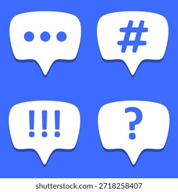 Chat bubble icon set with symbols for message, hashtag, question and alert. Flat vector illustration for communication, social media, messaging apps, comments, notifications, and online interaction.