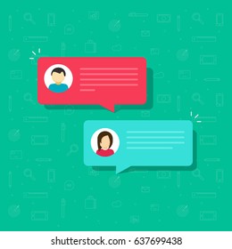 Chat bubble icon vector illustration, flat style messages bubbles with man and woman icons, idea of internet dialog, communication, conversation, talk