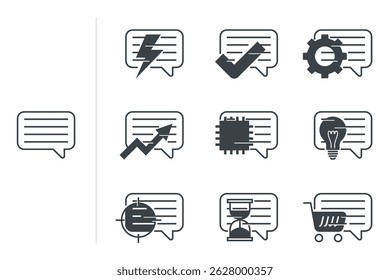Chat bubble icons set with interaction of other signs - gear, lightning, checkmark. Lightbulb, chart AI chip. Shopping cart, aim target and hourglass. Multipurpose pictograms in monochrome style