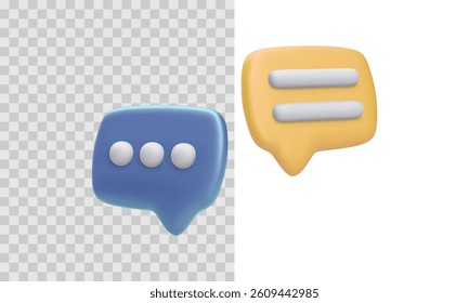 Chat Bubble Icons With Typing And Text Symbols In 3D Style. Blue And Yellow Cartoon Dialog Elements For UI, Messaging, Or Feedback Design. Clean And Modern Look. Vector Illustration.