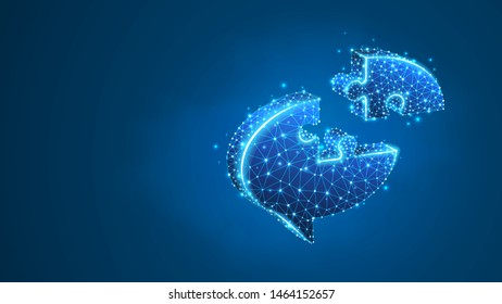 Chat bubble Jigsaw Puzzle. Social Network, dialogue symbol, communication cloud concept. Abstract, digital, wireframe, low poly mesh, vector blue neon 3d illustration. Line dot