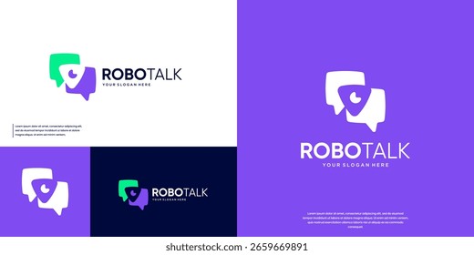 Chat bubble logo with overlapping style, machine assistant, modern robot technology, vector graphic design.